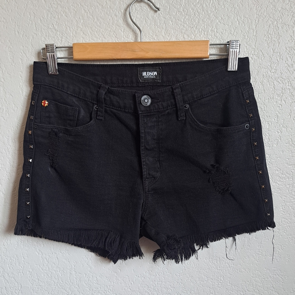 Hudson Libertine Boyfriend Short Distressed Black Studs Size 25